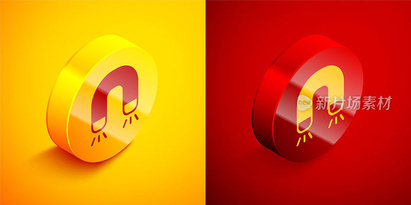 Isometric Magnet icon isolated on orange and red background. Horseshoe magnet, magnetism, magnetize, attraction. Circle button. Vector